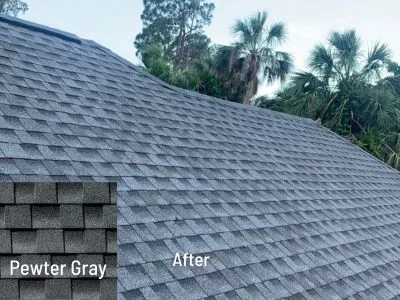 finished roof replacement job with pewter gray gaf shingles